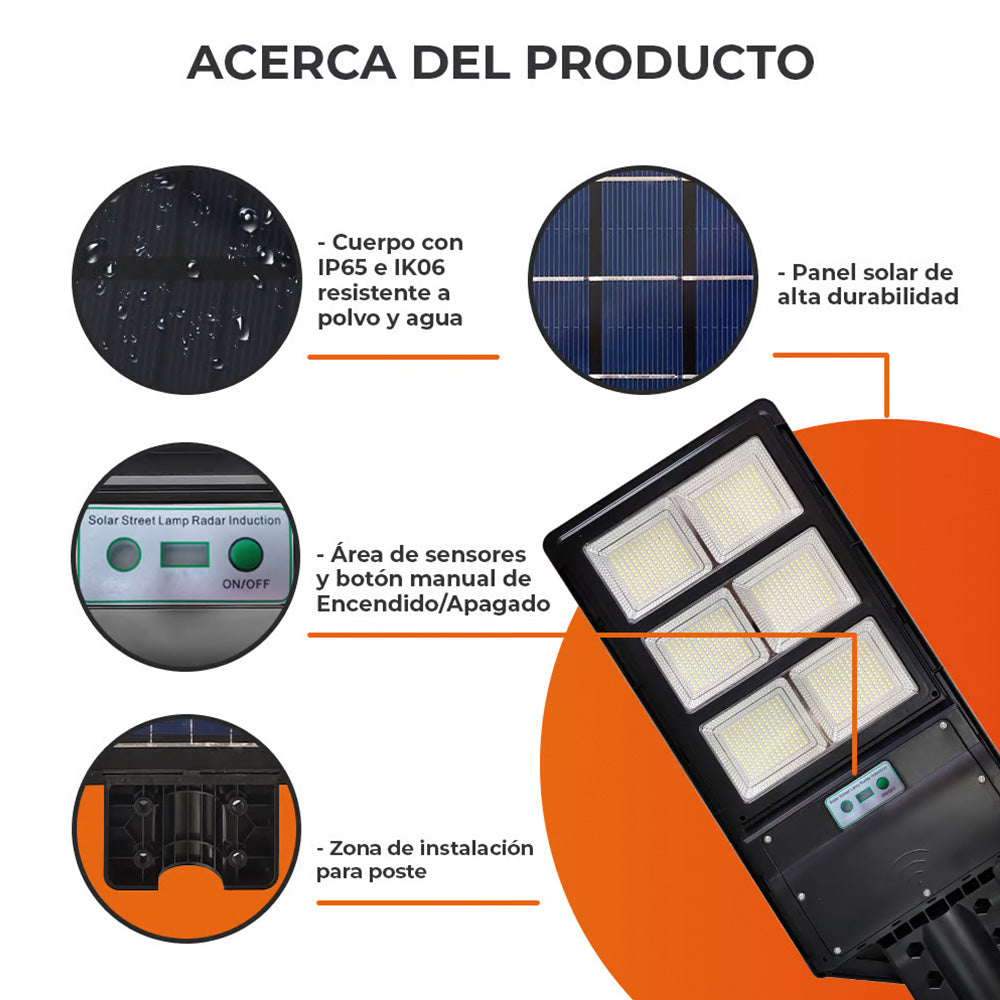 Lámpara Solar LED 60 W, Luz de Día, Sensor de Movimiento, Control remoto incluido, Batería Integrada, IP65, IK06, LED integrado