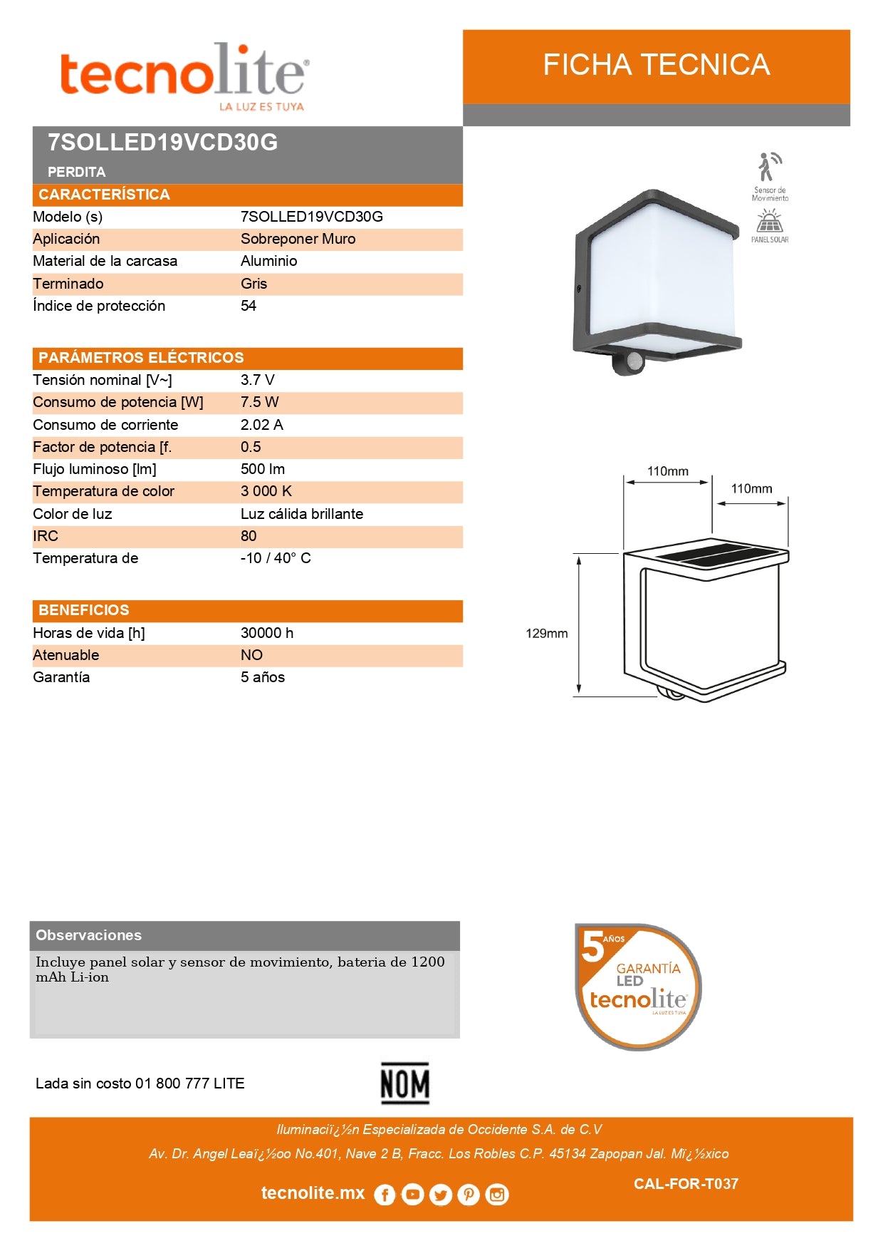Lámpara Solar Arbotante LED 7.5 W, Luz Suave Cálida, Sensor de Movimiento, 3 Modos de Luz, Control remoto incluido, IP54, LED integrado