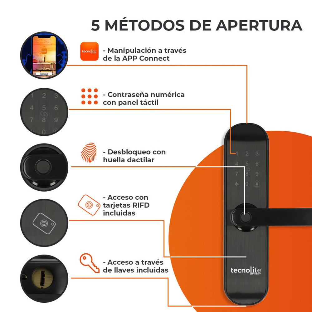 Cerradura Digital Inteligente WiFi con Timbre, 5 Métodos de Apertura, Apertura Ajustable, IP43, Compatible con App móvil