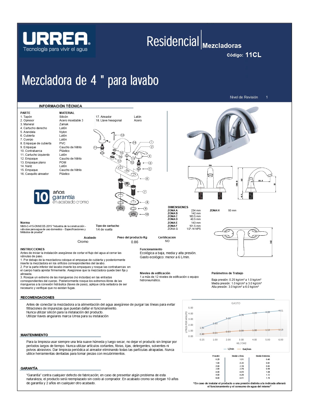 Mezcladora de 4" para lavabo